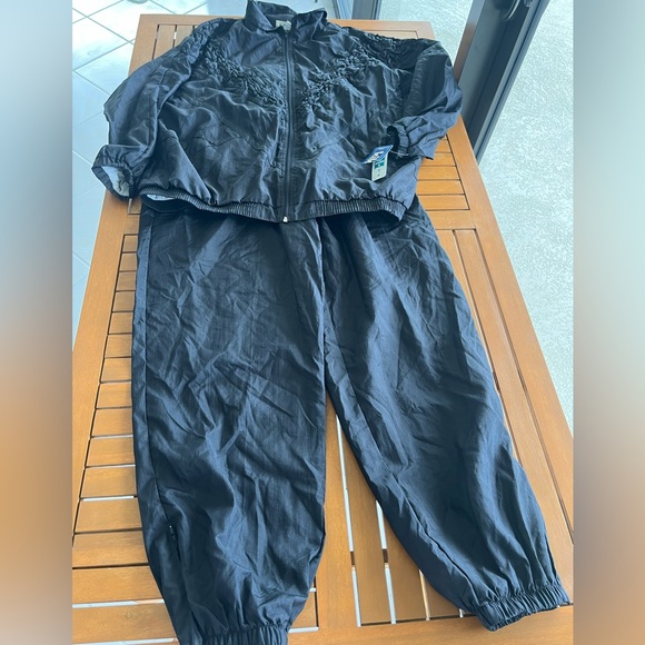 Kiks Black Track Suit Jacket 2X Mama Nylon Jog Set Zip Poly Cotton Vintage 80s